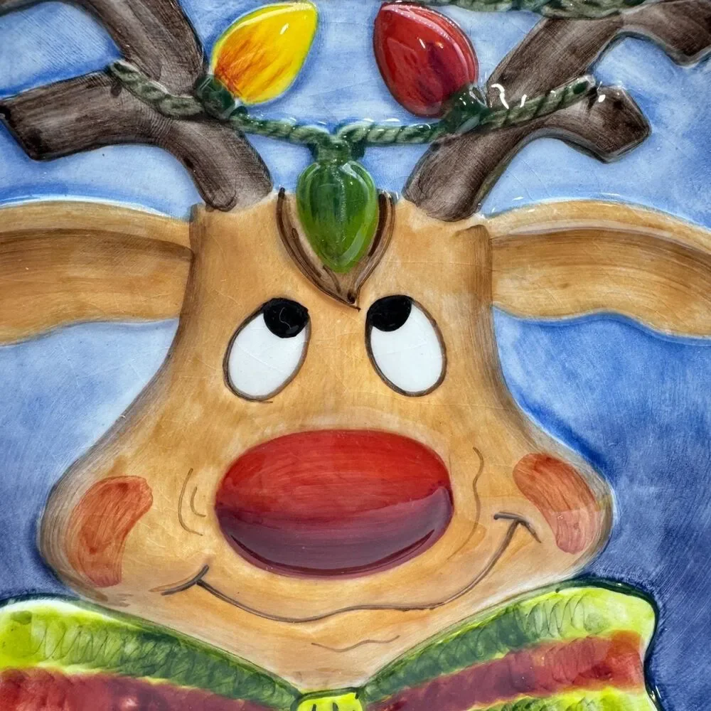 Vintage 2003 Clay Art Reindeer Ceramic Dinner Plate Hand Painted Christmas 10in
